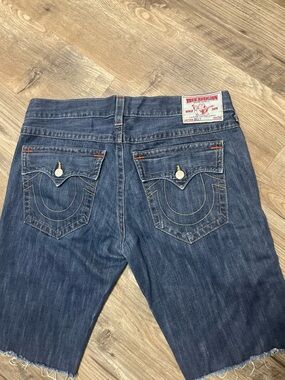 True Religion Men’s Dark Blue Denim Cutoff Shorts with Signature Back Pockets